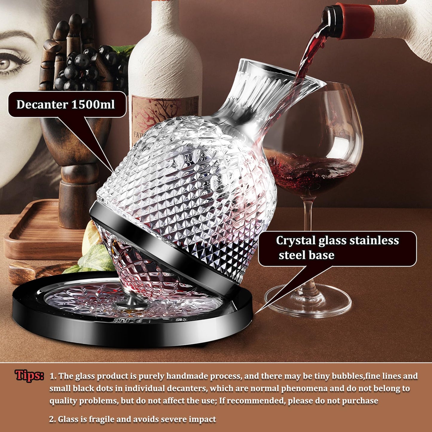 Red Wine Decanter 50oz/1500ml, YTHFGRT Wine Carafe Decanter Made of Lead-Free Crystal Glass, 360° Rotating Decanters for Whisky and Wine, Decanter Gift Box Design for Men Women Gifts