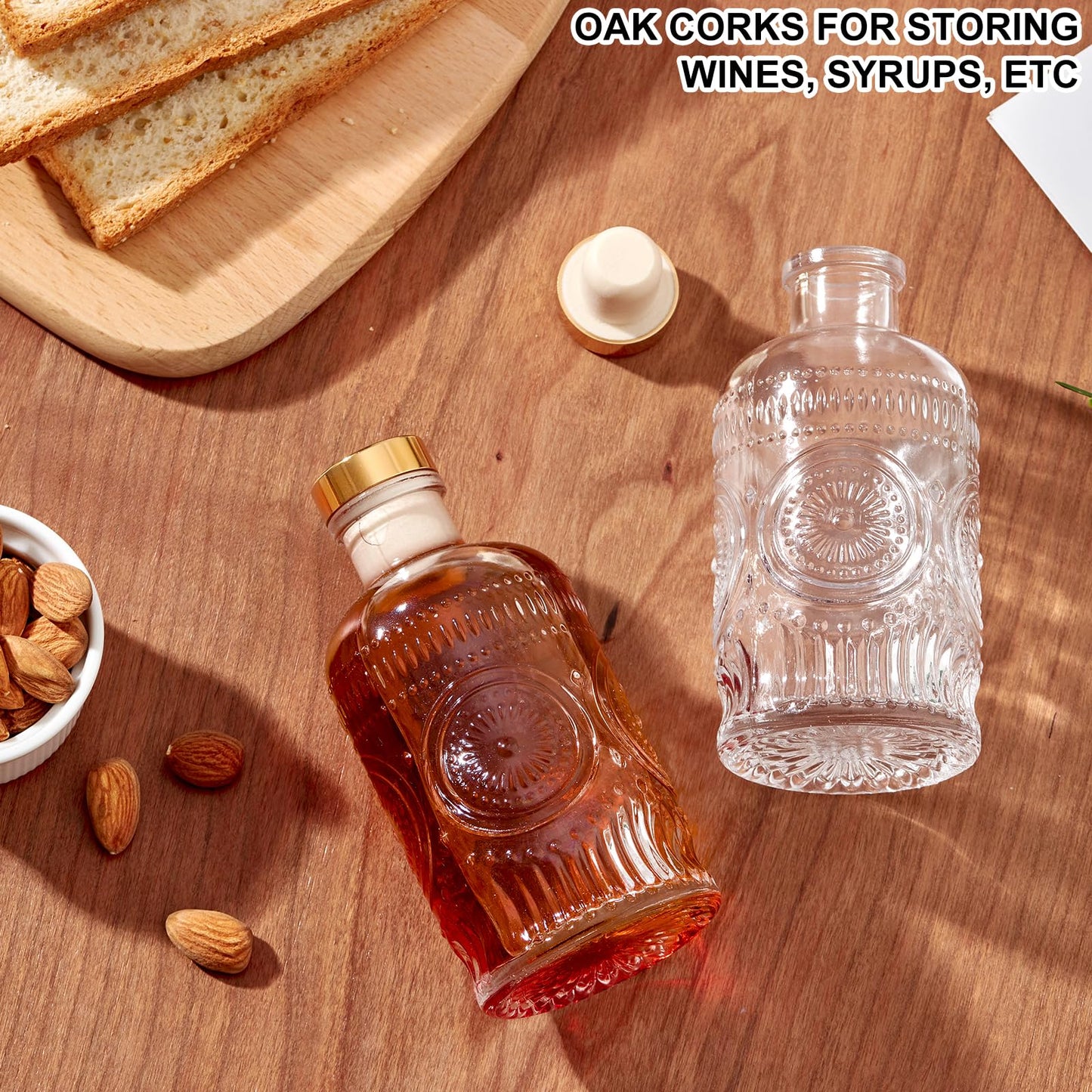 MUVEKA Olive Oil Dispenser Bottle for Kitchen, 7 oz/ 200 ml Cooking Oil Dispenser, Oil and Vinegar Dispenser Bottle Set, Glass Oil Containers with Weighted Pourer Spouts, Oak Corks