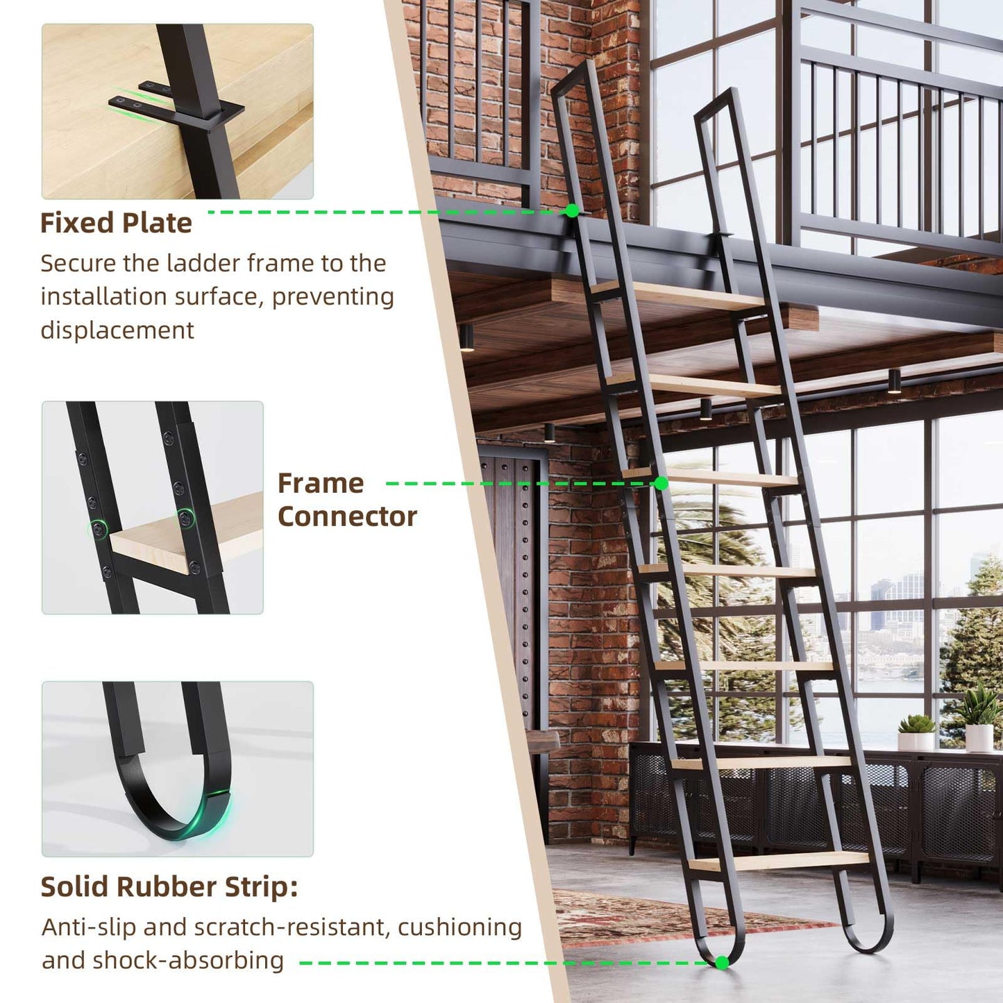 10.35FT Industrial Style Loft Ladder, 8 Steps with Black Steel Handrails & Solid Wood Steps, 450lbs Capacity, Fits 8.2-9FT Installation Height,for Attic, Kitchen, Warehouse, Bookshelf& Outdoor