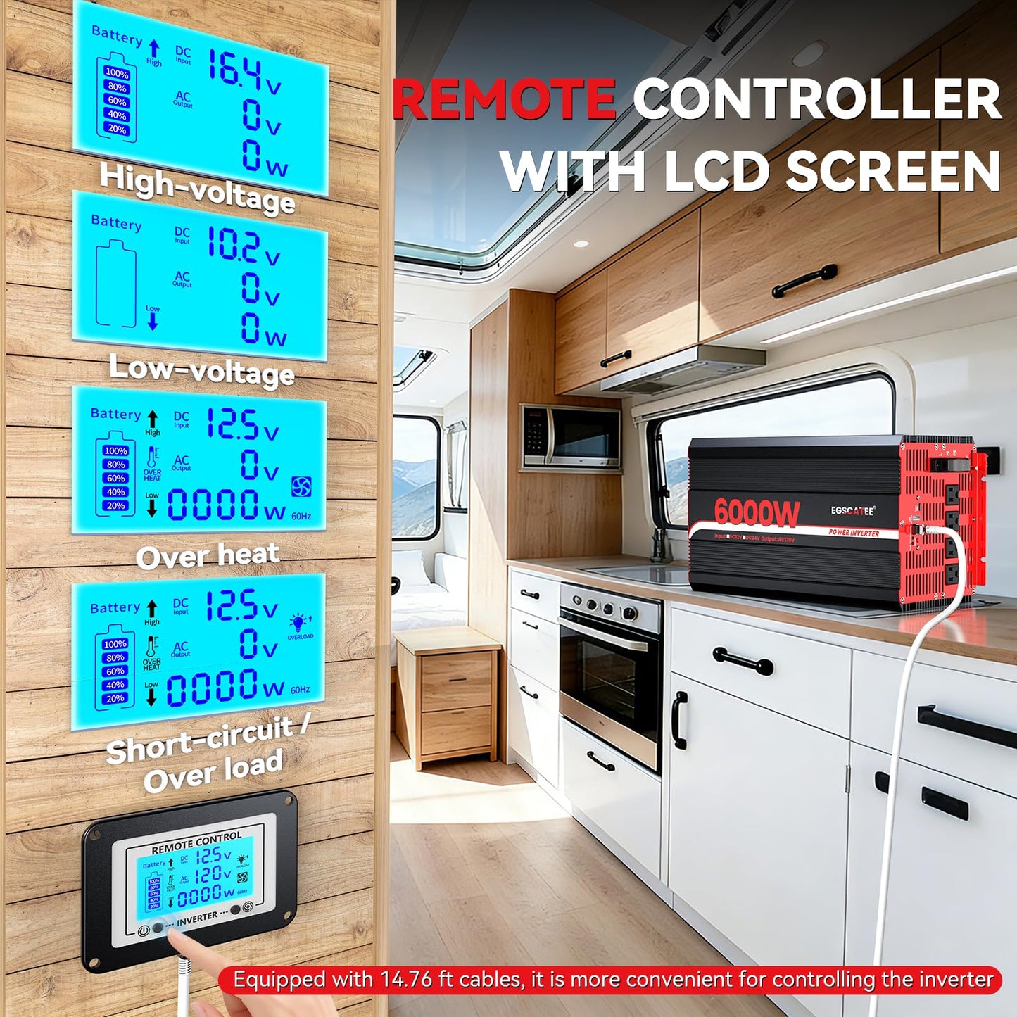 6000W Power Inverter 12V DC to 120V AC, 11000W Peak Off-Grid Solar Converter for 12V Battery Bank, RV, Truck & Home Backup Power System, 4 AC Outlets, USB & Type-C Port, LCD Remote Controller