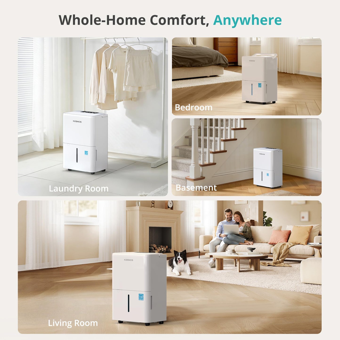 Kesnos 2,500 Sq. Ft. Energy Star 2025 Dehumidifier for Home & Basement, Ideal for Bedroom with Ultra Quiet 36 dB, 0.39-Gallon Water Tank with Drain Hose, 4 Pre-Set Modes, Auto Defrost, Timer