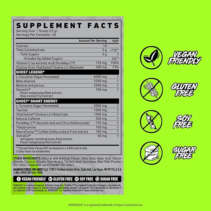 GHOST Legend Pre-Workout Powder, Warheads Sour Watermelon - 30 Servings ??Pre-Workout for Men & Women with Choline, L-Citrulline, & Beta Alanine for Energy & Focus