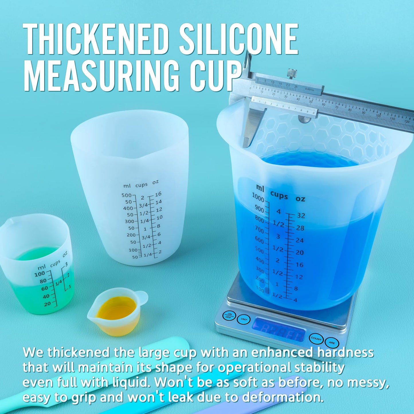 SWIGRANCE Silicone Resin Mixing 1L Measuring Cup Set for Resin Supplies, Easy-to-Read Marks, 1000ml/32oz Large Cup, 500&250&100ml Thickened Reusable Silicone Cups for Epoxy Mixing, Jewelry Making