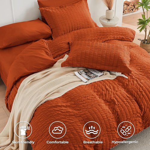 HYMOKEGE King Size Comforter Set - Burnt Orange Seersucker 7-Piece Luxury Bedding Set