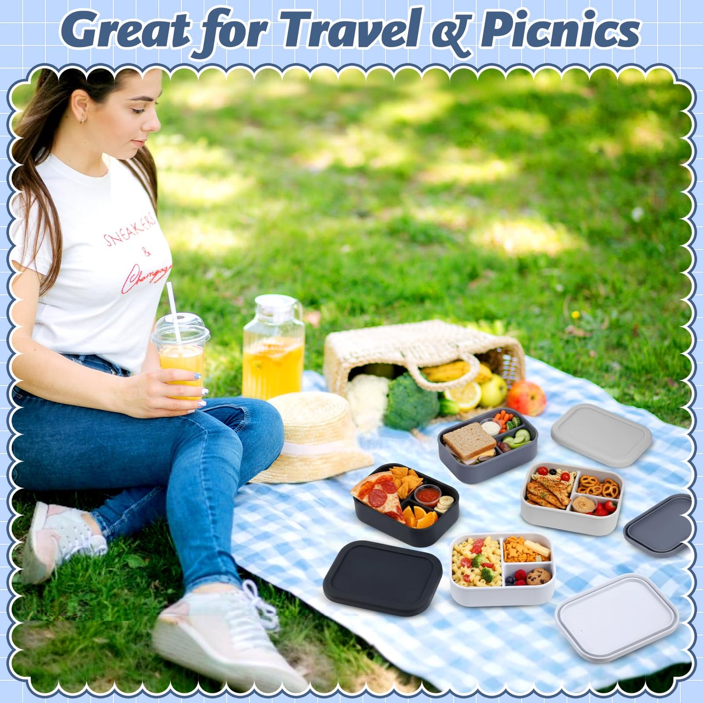 Honeydak 4 Pcs Silicone Bento Box for Adults, 3 Compartment Lunchable Food Container for Women Men, Leak Proof Microwave Dishwasher Freezer Safe (White,Grey,Dark Grey,Black)