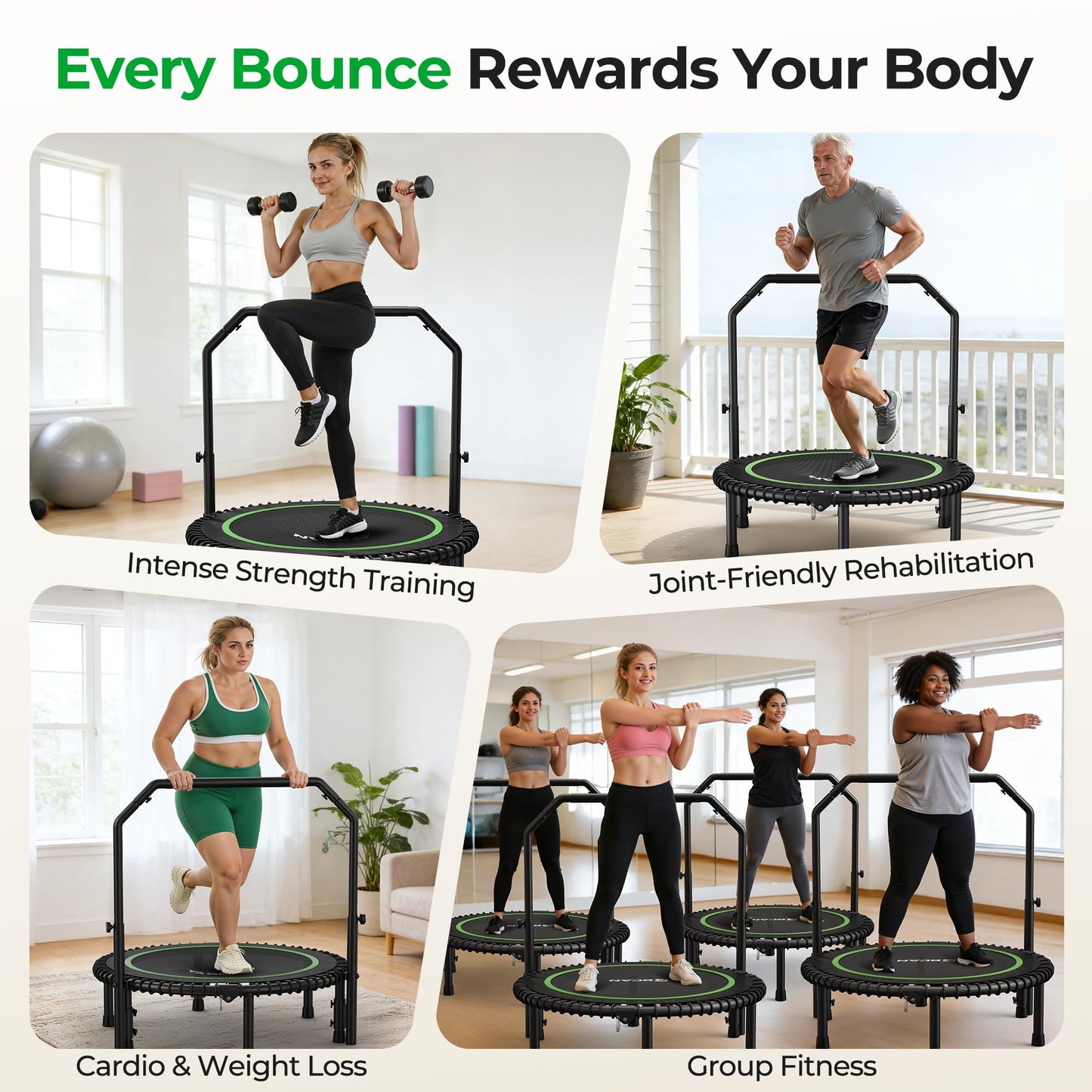BCAN BT2 450/550LBS Mini Rebounder Trampoline for Adults with Bar, Fitness Trampoline with Bungees, Adjustable Handle, Stable & Quiet, Indoor Outdoor, Whole-Body Workout & Relaxation at Home-40IN-GRN