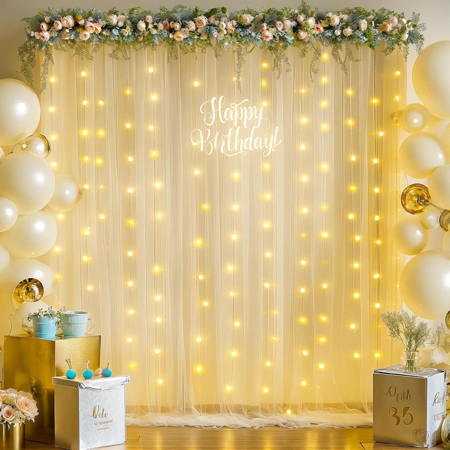 Tao-Ge 10ft 10ft x Champagne Sheer Tulle Backdrop Curtains with Lights String for Party Wedding Wrinkle Free Curtain