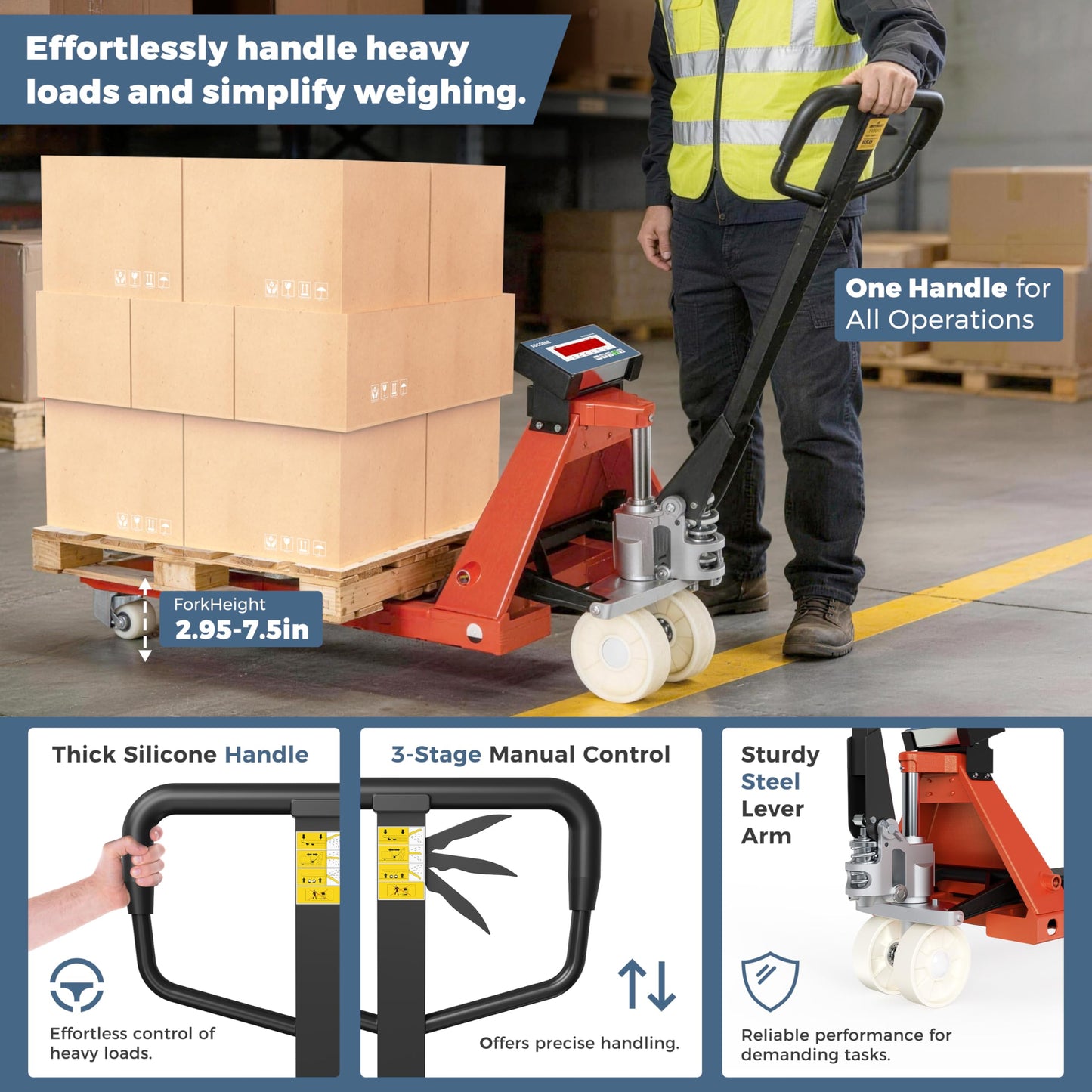 SOCOME Pallet Jack Scale with Digital Indicator, Heavy Duty Industrial Fork Floor Scale for Warehouse, Shiping, Post, 4400 lb x 1 lb, 54" x 27" Fork Size, 2 Pieces, Tangerine