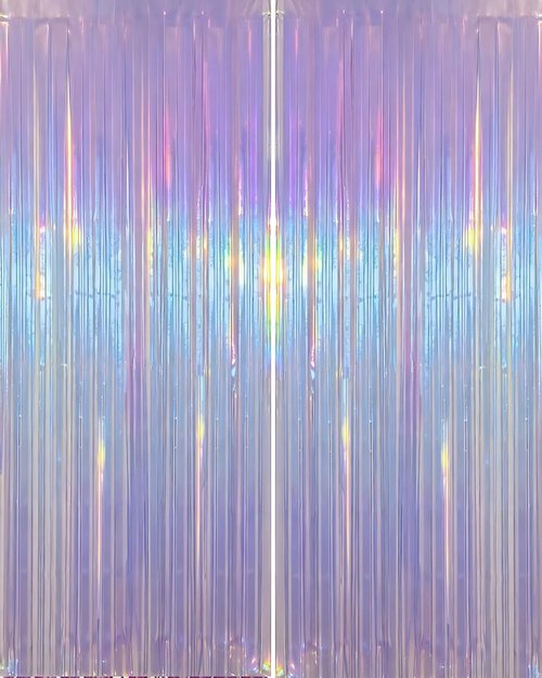Iridescent Purple Party Streamers | 2 Pack Neon Transparent Holographic Tinsel Backdrop - 3.31 x 6.6 ft for Birthday & Wedding Decor