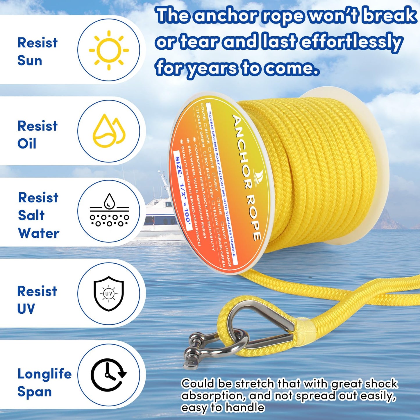 VEITHI Boat Anchor Rope 100 ft x 1/2 inch Yellow, Double Braided Anchor Line with Stainless Steel Thimble & Shackle, Marine Rope Ideal for Towing,Mooring,Decks,Anchoring,for Boats Up to 35'