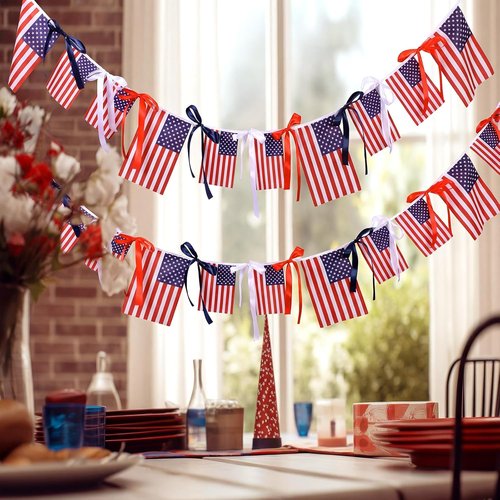 Chumia 4th of July American Flags Ribbon Banner - Patriotic Mantel Decoration | 6.56 ft for Indoor/Outdoor Use