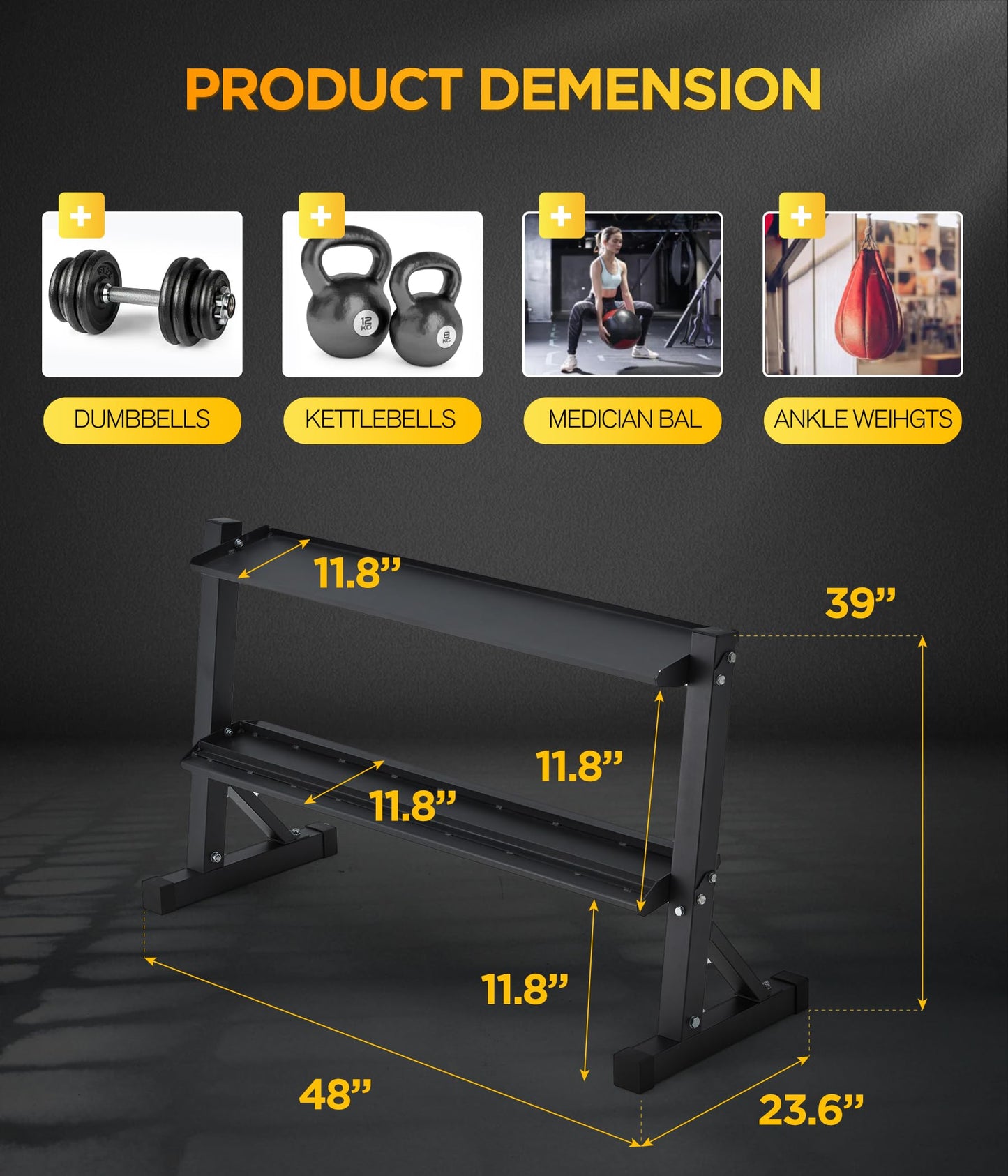 2-Tier Dumbbell Kettlebell Rack, Heavy Duty Steel Frame, 48 x 17.5 x 27.5 Inches, 1000 lbs Weight Capacity, for Kettlebell and Free Weight Storage, Home Gym Organization