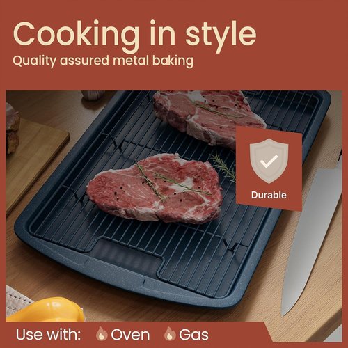 Blue Marble Cookie Sheet Set by [Brand Name] - Nonstick Carbon Steel Pan & Cooling Rack, Oven Safe Up to 450°F, 17.4” & 14.7”