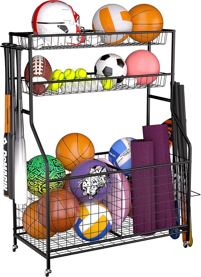 Ultrawall Sports Equipment Organizer, Large Capacity Garage Ball Storage Outdoor Toy Organizer, Ball Cart with Wheels for Football, Basketball