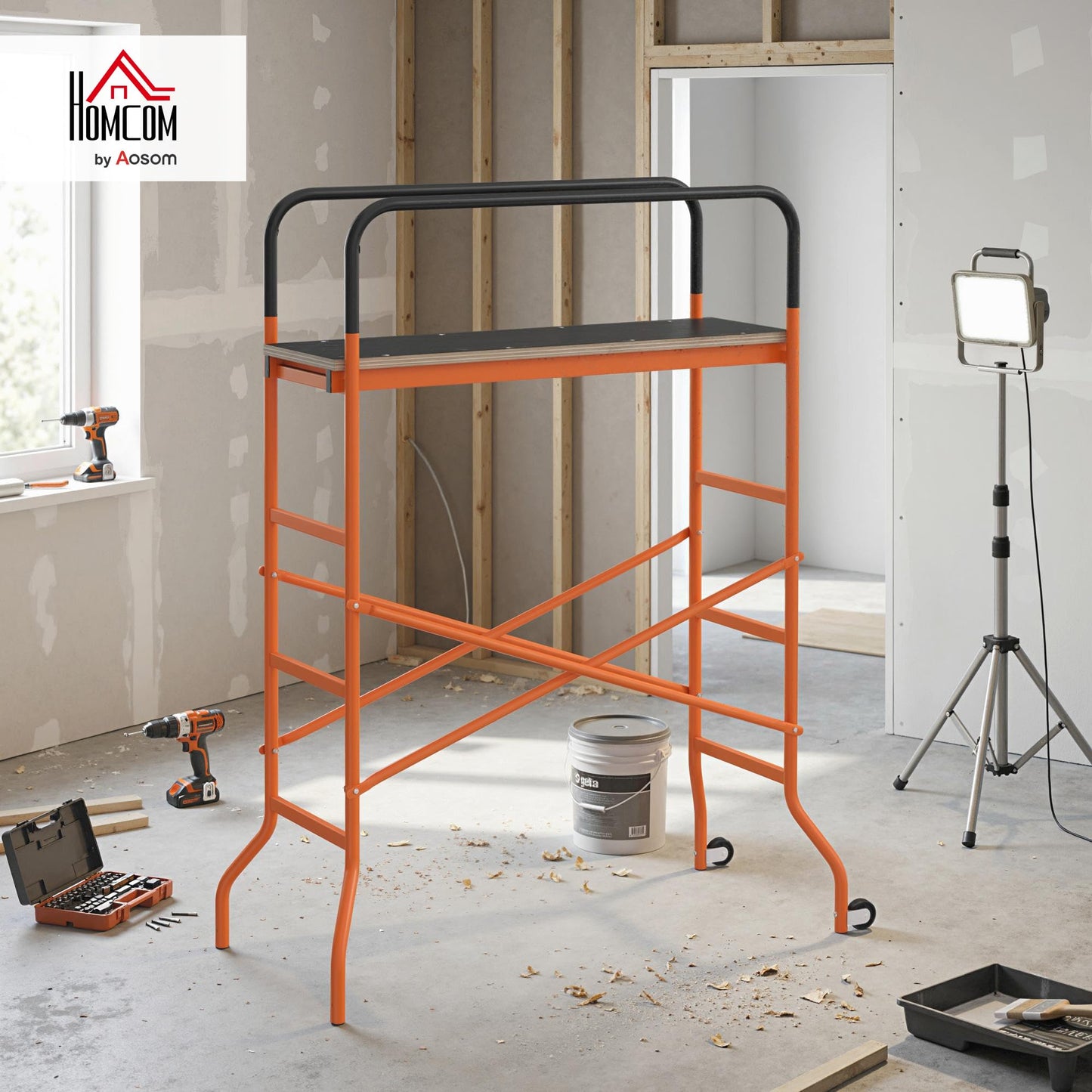 HOMCOM 4-Step Steel 4.6 x 2 x 6 ft. Scaffold 2 Wheels Free Moving for Indoor & Outdoor Decoration Anti-Skid, 440 Pound Capacity, Orange