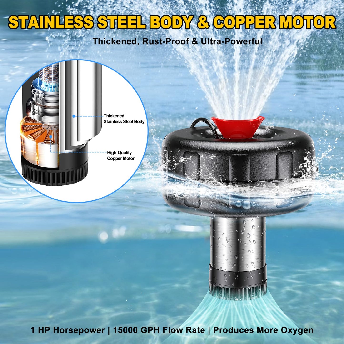 iCapeson Pond Fountain Aerator, 1HP 15000 GPH Floating Fountain Pump with Timer, 100FT Power Cord, 2x100 FT Traction Rope, Fully Automatic Powerful Aerating Fountain Water Circulation, Black
