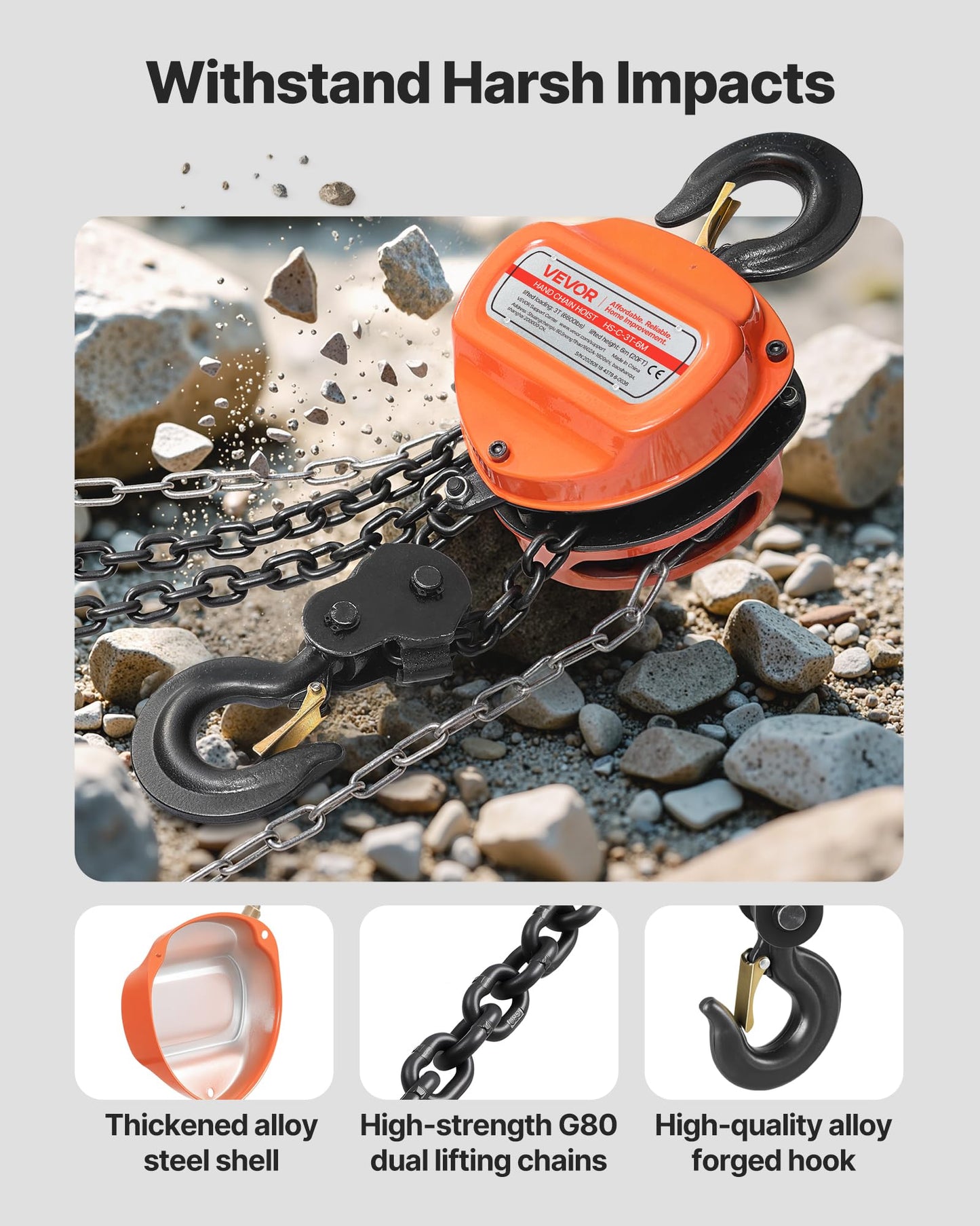 VEVOR Hand Chain Hoist, 3 Ton 6600 lbs Capacity, Manual Chain Block with Upgrade G80 Galvanized Chain, 20 ft Lifting Height, Heavy Duty Pulley Hoist for Garage Warehouse Automotive Machinery, Orange