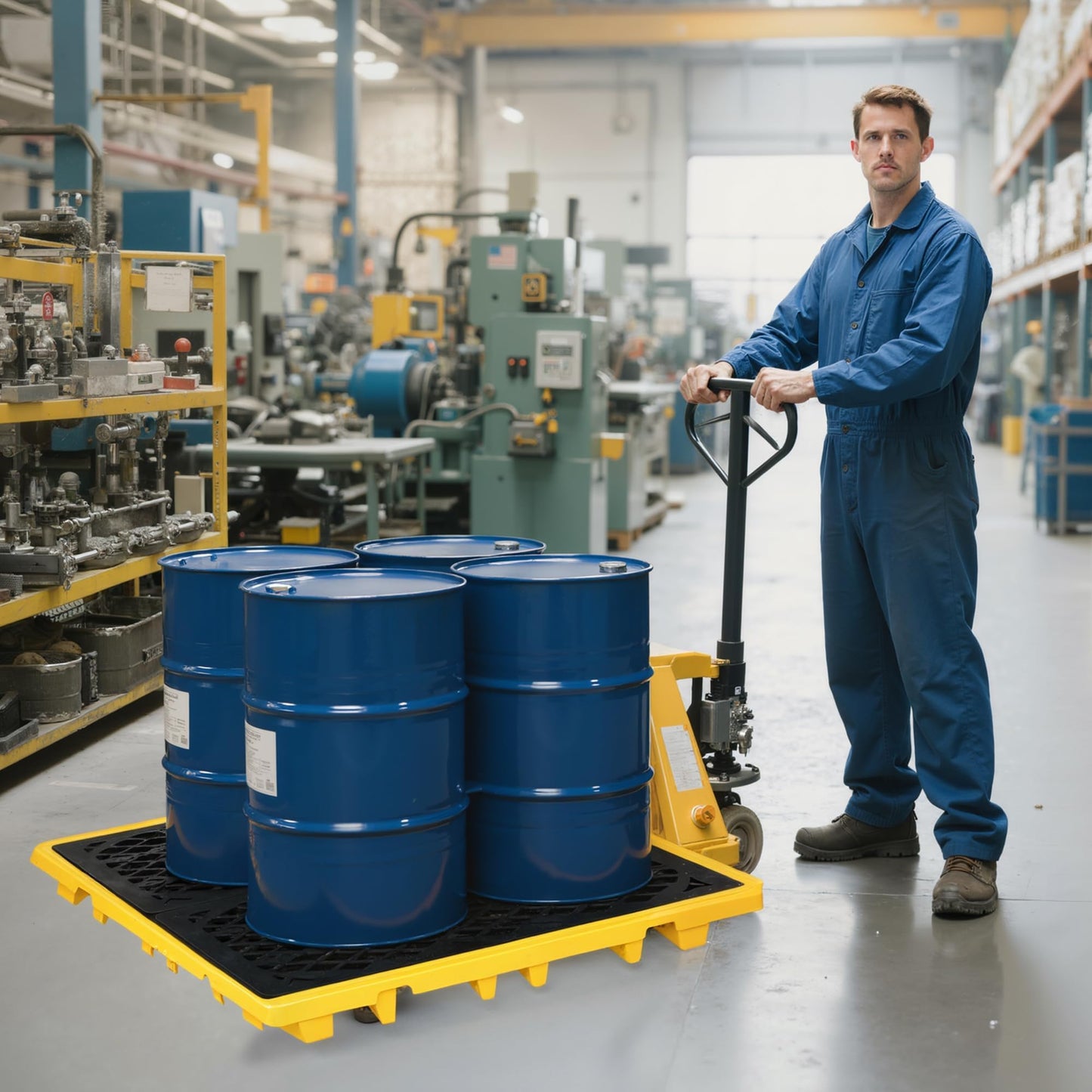 Cjgyz Spill Containment Platform with Drain, 51x51x6in, Anti-Slip Plastic, Leakproof Detachable, 4 Drum Capacity, Yellow for Industrial Use