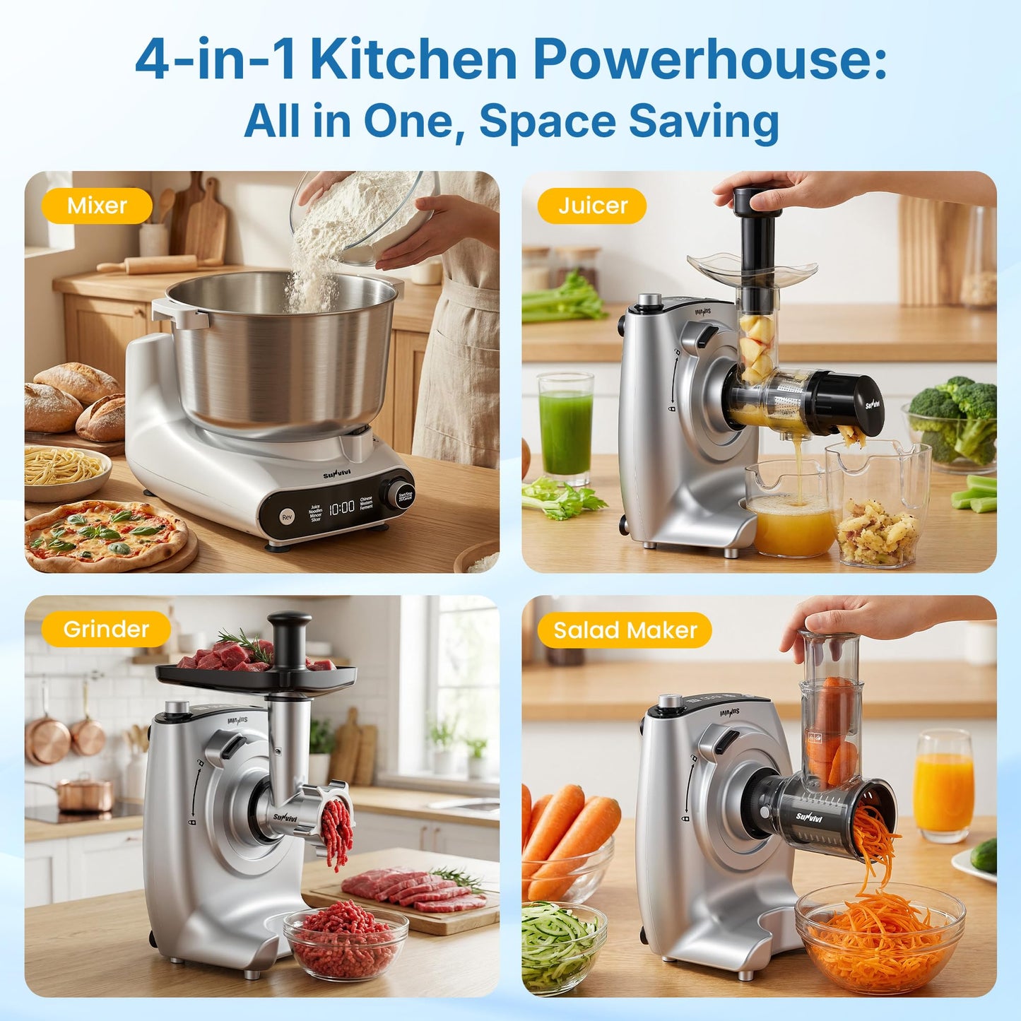 SUNVIVIPRO 5.3QT Electric Dough Mixer, 4-in-1 Multifunction Stand Mixer with Fermentation & LED Display & Knob Control, Slow Juicer, Meat Grinder, Salad Maker for Kitchen