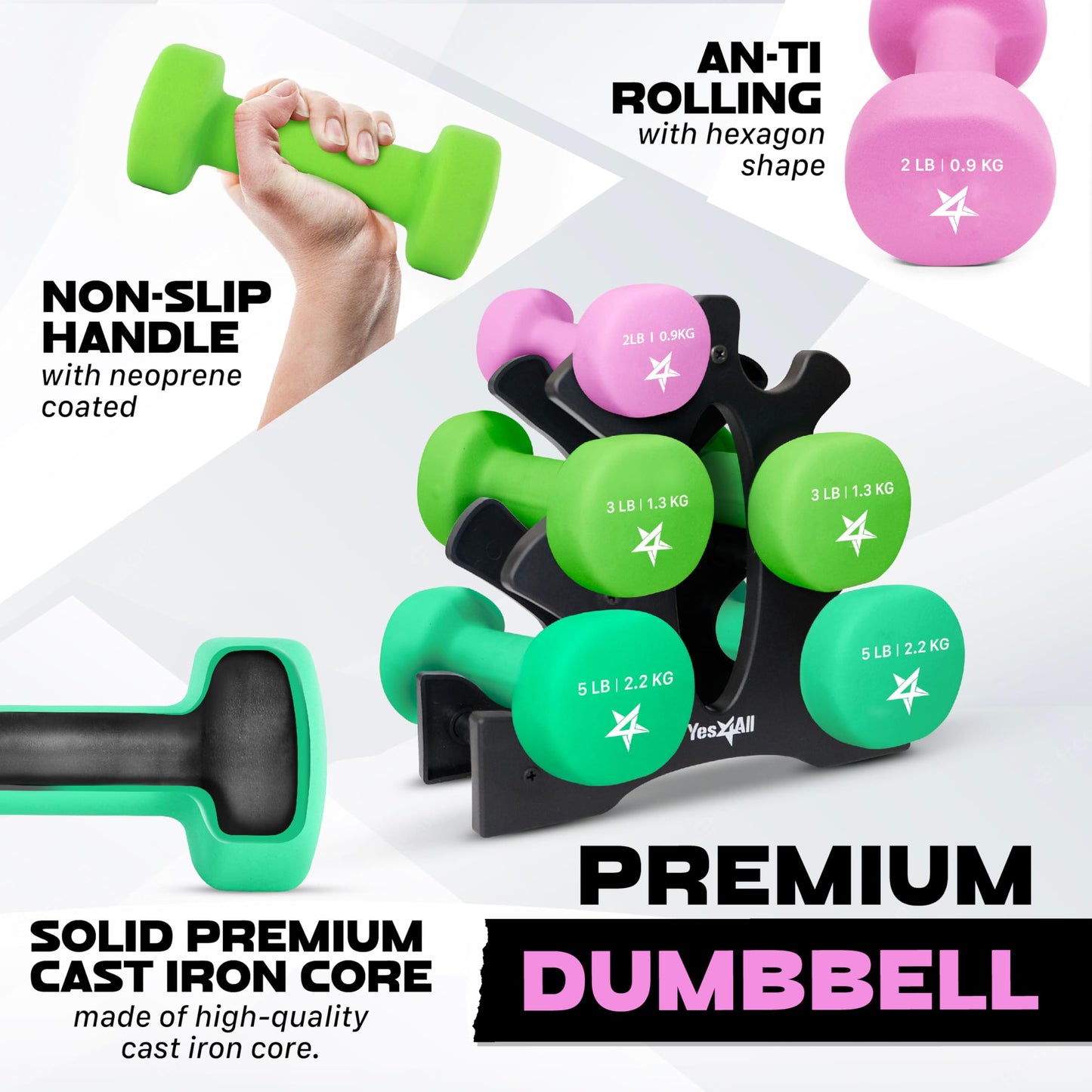 Dumbbell Neoprene 2-3-5lb pair + Plastic Rack