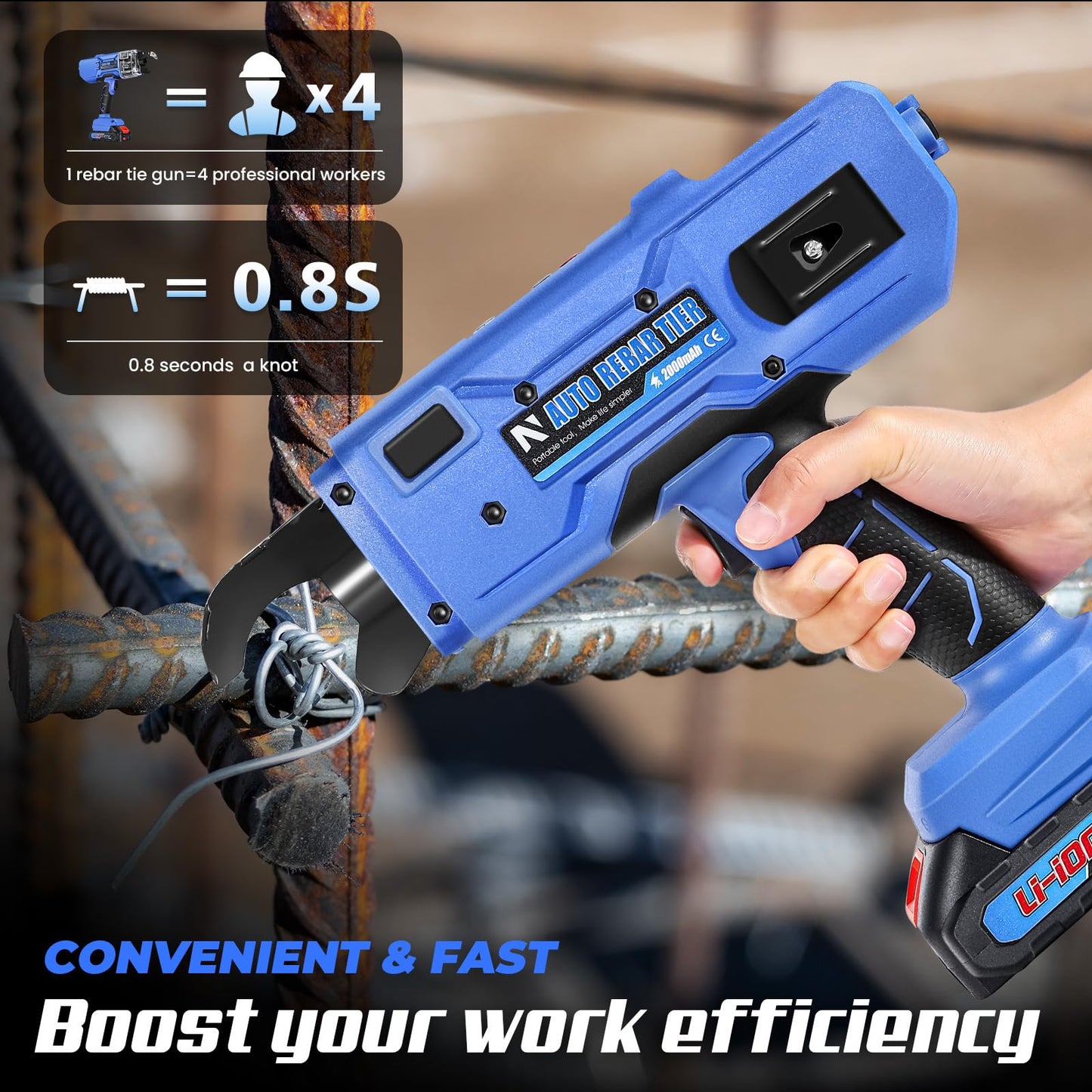 NEWTRY Professional Cordless Rebar Tie Gun, Automatic Rebar Tying Tool with 2pcs 2000mAh Batteries & 360ft Coil, for 0.3"-1.33" Steel Rebar, 21V Battery Powered