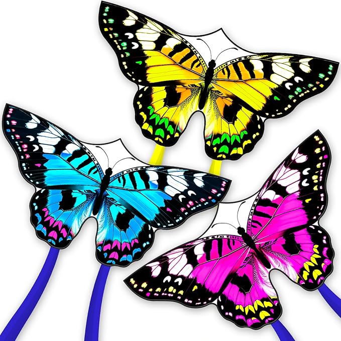 Butterflys for Kids, Beautiful Kite Easy to Fly for Beginners with 328 ft Line & Line Winder (1m-Tiger Spotted Butterfly-(Yellow+ Blue + Pink), 3)