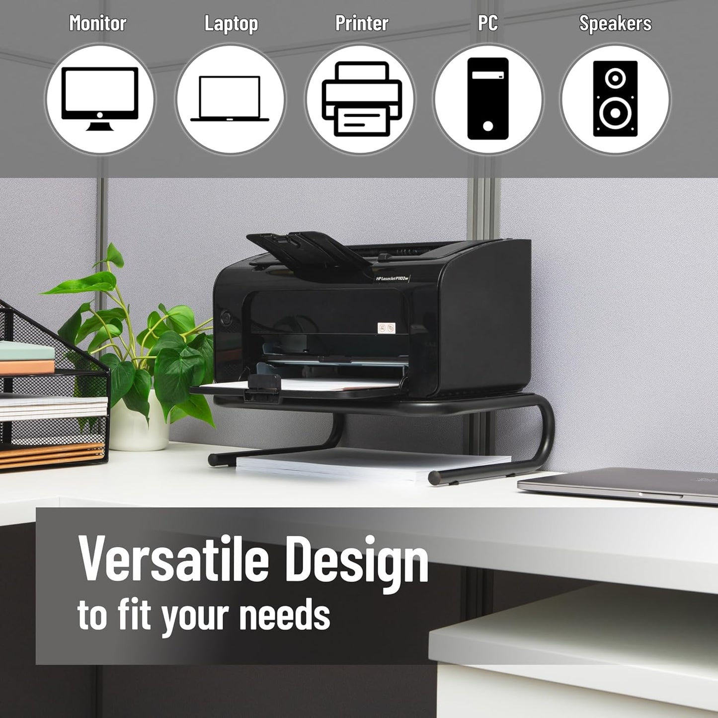 Set 2, Mind Reader Monitor Stand, Ventilated Laptop Riser, Desktop Organizer, Metal, of Black