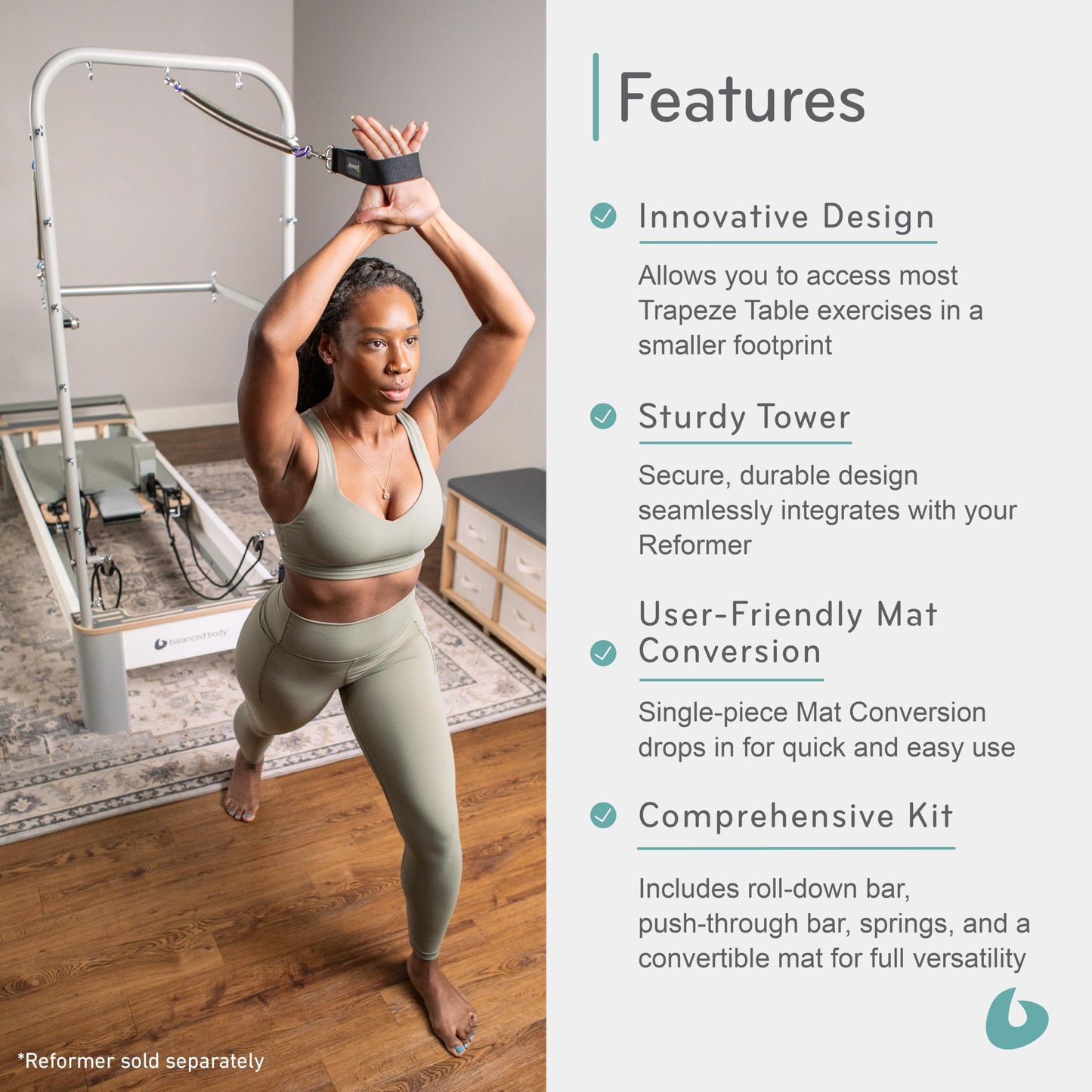 Balanced Body Bravo Pilates Reformer Tower and Mat Retrofit Kit, Pilates Reformer Mat and Tower, Workout Equipment for Home Gym or Studio