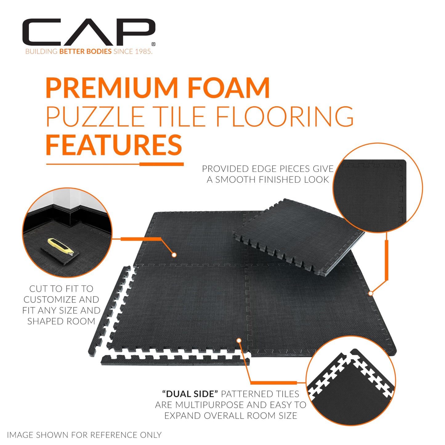 CAP Barbell 1-Inch Interlocking EVA Foam Exercise Puzzle Mat Home Gym Flooring - 1 Pack | 24" x 24" x 1" | T Pattern - Black