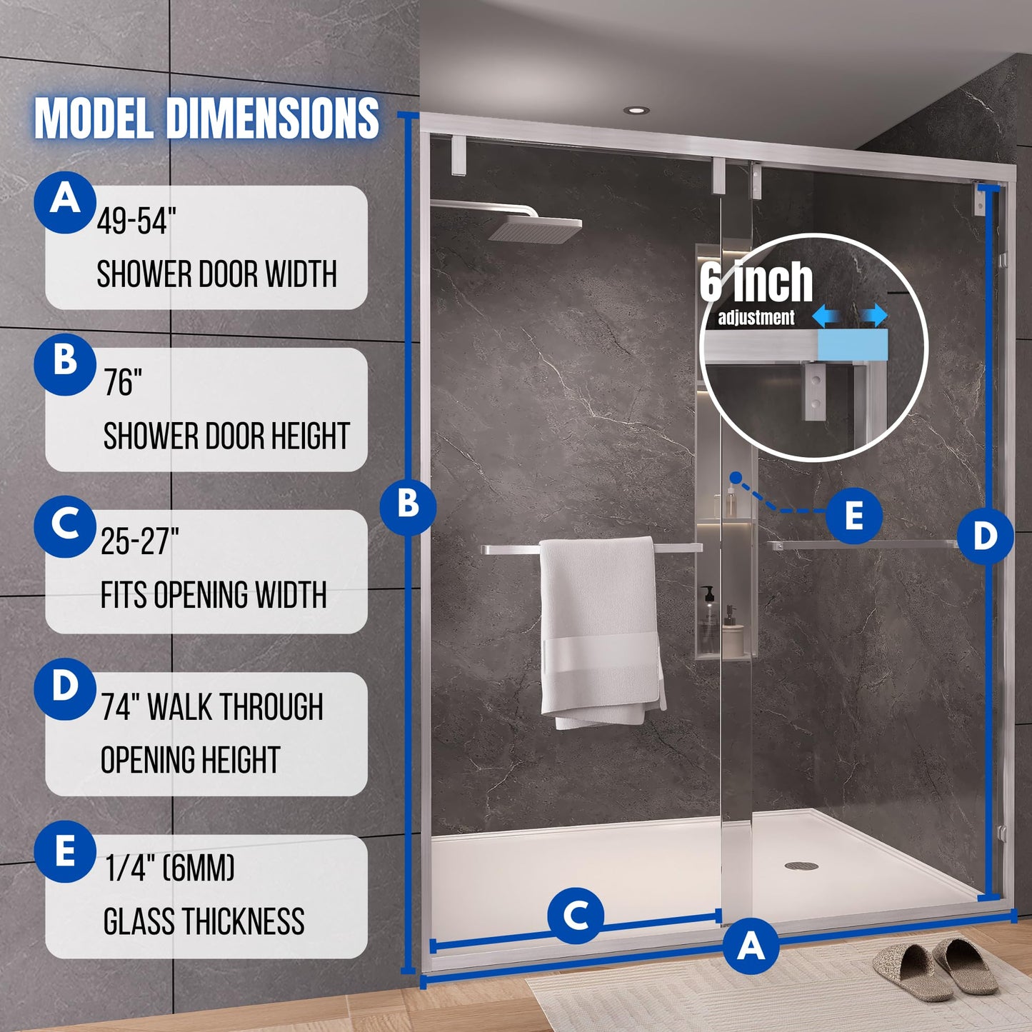 Dyvalis 49-54" W x 76" H Semi-Frameless Double Sliding Shower Door, 1/4" (6mm) SGCC Tempered Clear Glass with Easy-Clean Coating, Bypass Glass Shower Doors, Brushed Nickel