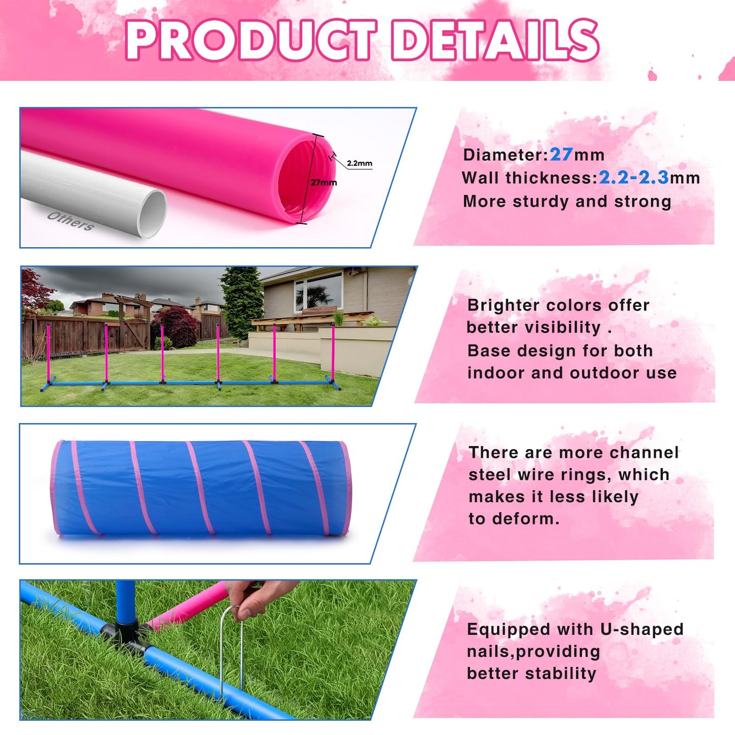 Dog Agility Course Backyard Set, Dog Agility Equipment, Pet obstacle Course Backyard with 6 Dual Mode Weave Poles, 2 Adjustable Hurdle, Jump Ring, Tunnel, Pause Box, Toy Balls and 2 Carrying Bags,Pink