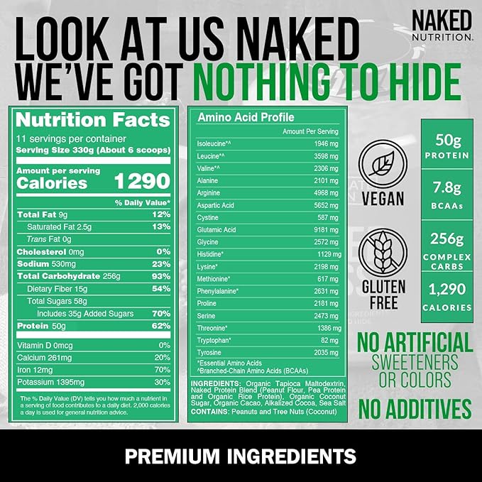 NAKED Vegan Mass - Chocolate Peanut Butter - 1,290 Calories, Nothing Artificial, All Natural Chocolate PB Weight Gainer Protein Powder, Non-GMO, Soy & Gluten Free - 8LB Bulk - 11 Servings