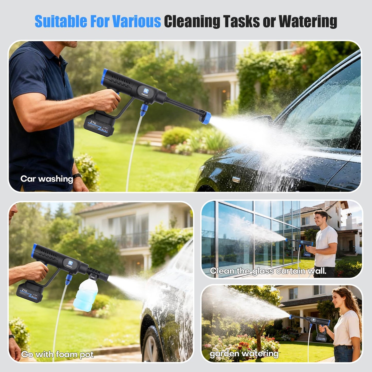 Cordless Portable Cleaning Tools, Brushless Portable Power Machine with LCD Display,100 Levels Adjustable,2×21VRechargeable Batteries 6-in-1 Nozzle Sprayer for Car,Patio,RV,Fence & Yard Cleaning