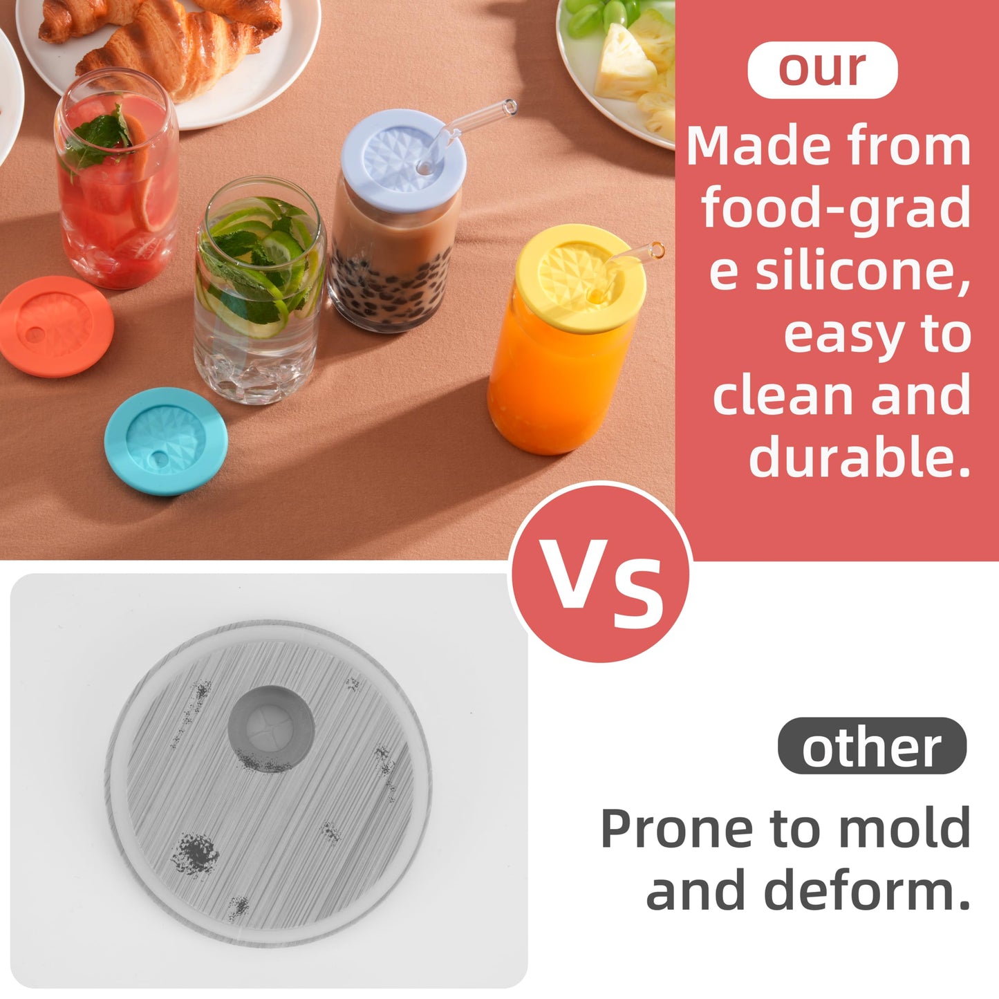 4 Pcs Silicone Lids Fit for Netany 16OZ Drinking Glass Cups with a diameter of 2.3"/58 mm, Replacement Lids for Beer Can Cups, Reusable Covers with Straw Hole for Glass Cups with Bamboo Lids