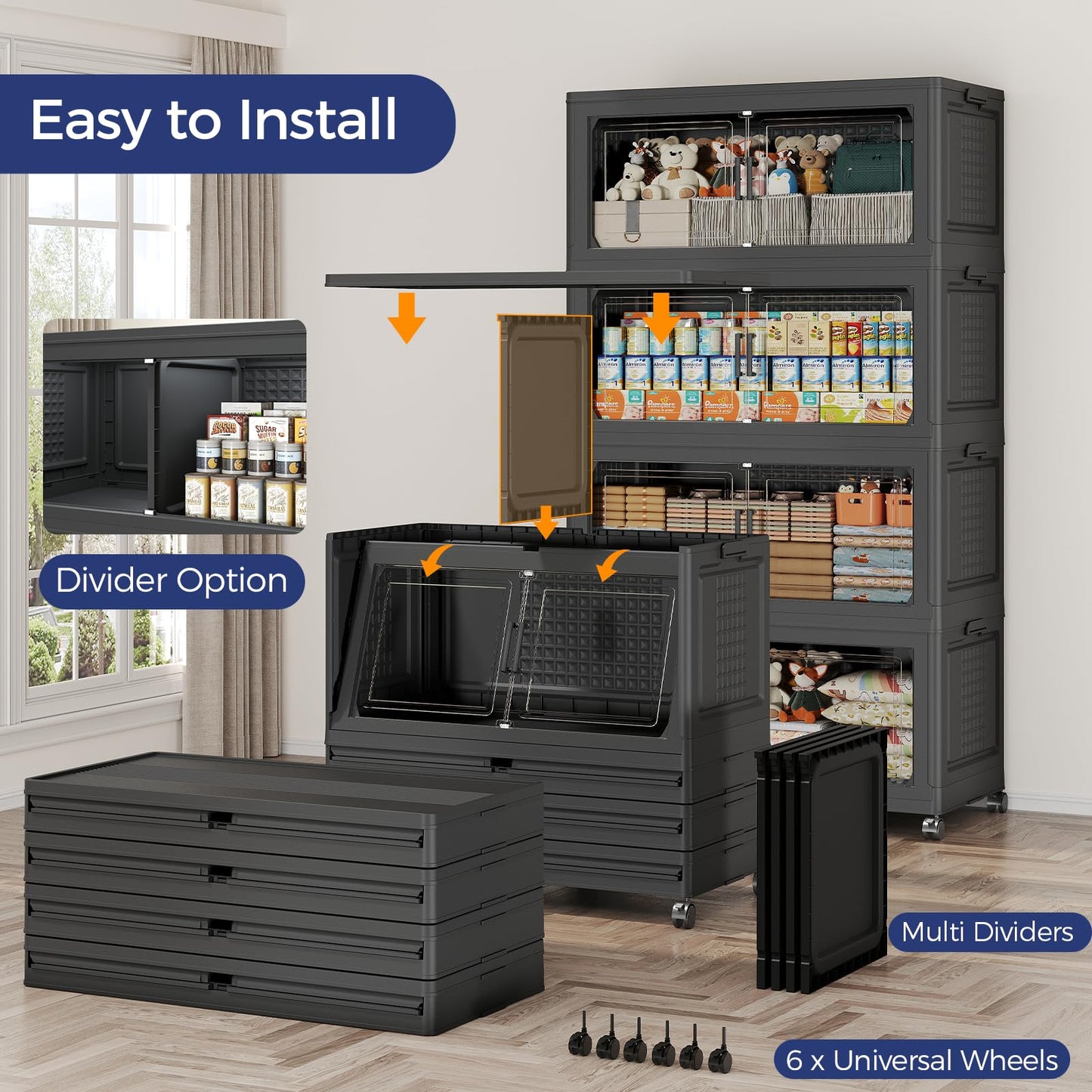 HOCRYPTA 150Gal 3-Tier Collapsible Storage Bins with Lid & Wheels, 600QT Stackable Large Plastic Storage Cabinet Organizer Box with Doors for Bedroom Closet Kitchen Clothing Storage, Black