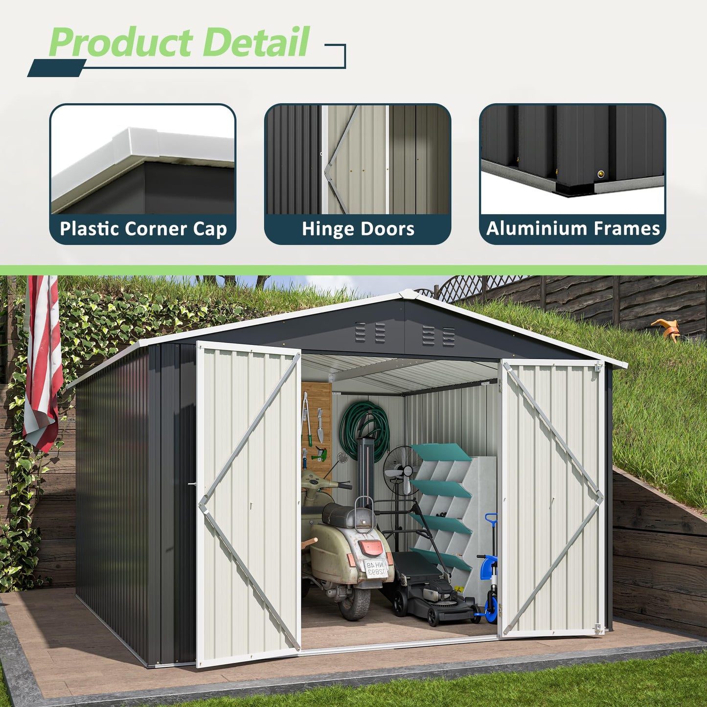10'x10' Galvanized Steel Storage Shed with 4 Top Air Vents, Lockable Double French Door Large Garden Tool Shed, Black