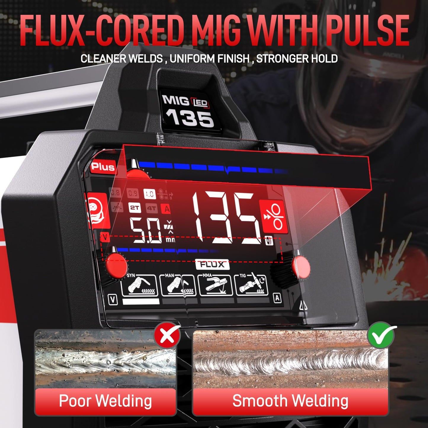 ANDELI 135A MIG Welder 110V/220V, PULSE Flux Core MIG/Lift Tig/Stick 3-in-1 Gasless MIG Welding Machine with Synergy，Large LED Display,2T/4T Full Kit (Bonus Welding Helmet & Gloves)