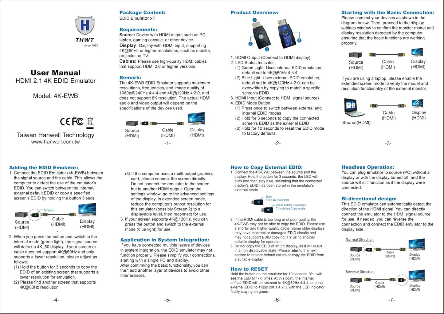 THWT 2.1 4K 4K-EWB), Pre-Set 4K@60Hz 4:4:4 4K@120Hz 4:2:0 2.1 HDMI EDID Emulator (Model: Supports SCDC and EDID Copying