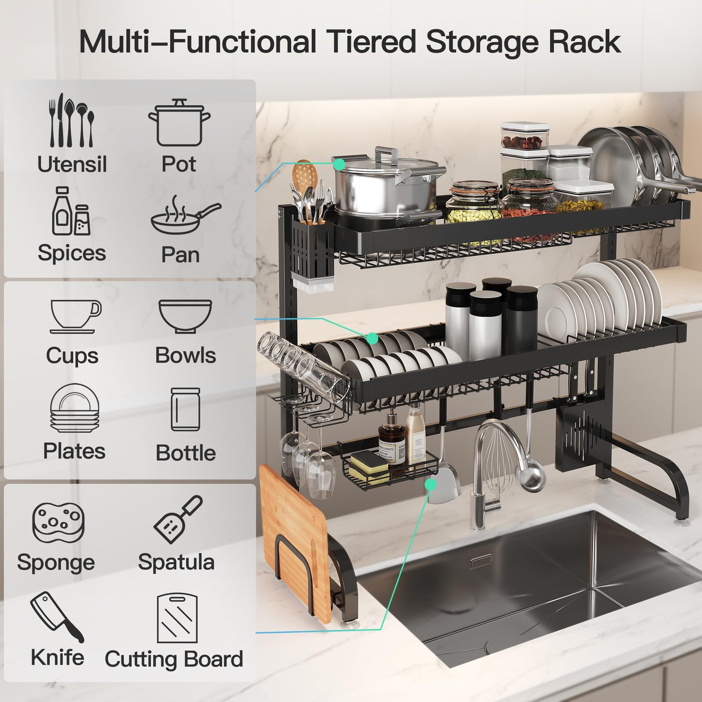 MAJALiS 3 Tier Extra Large Stainless Steel Expandable Over The Sink Dish Drainer Drying Rack, Rust Proof Metal, Space Saving, Modern Black Big Capacity Extendable Plate Strainers Above Counter