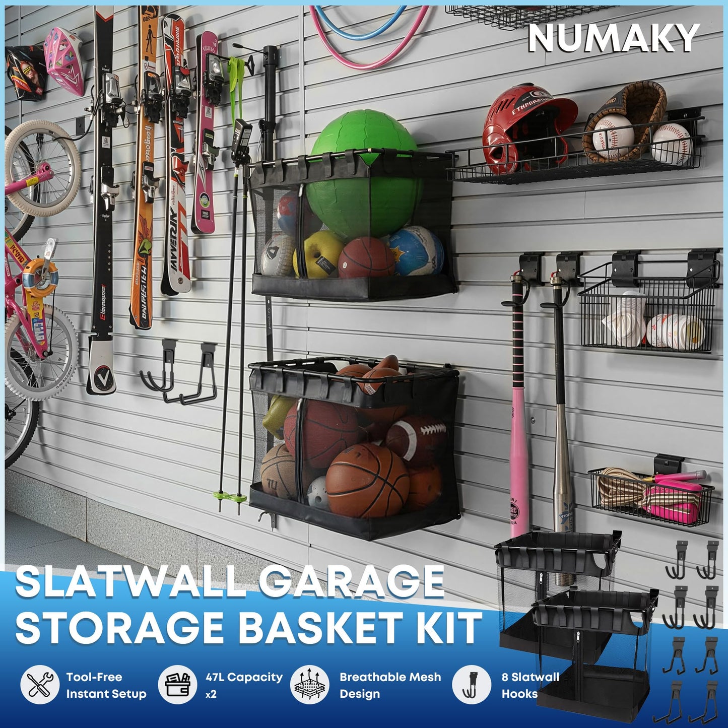 NUMAKY 10PCS Slatwall Accessories Kit, Includes 2 Large Mesh Slatwall Baskets with Zipper & 8 Heavy Duty Multifunctional Hooks, for Sports Equipment, Tools & Garage Organization