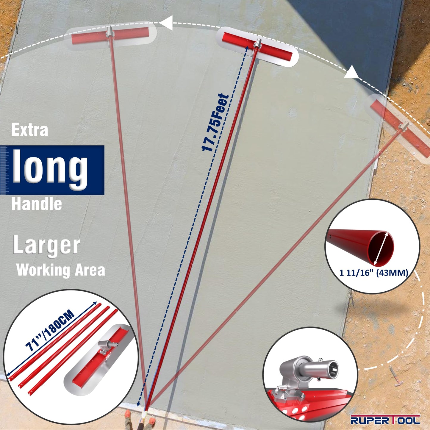 RUPERTOOL 48''x12'' Concrete Bull Float Kit Fresno Round End Concrete Finishing Trowel Stainless Steel Trowel Board with 3 Handles and Tilt Bracket