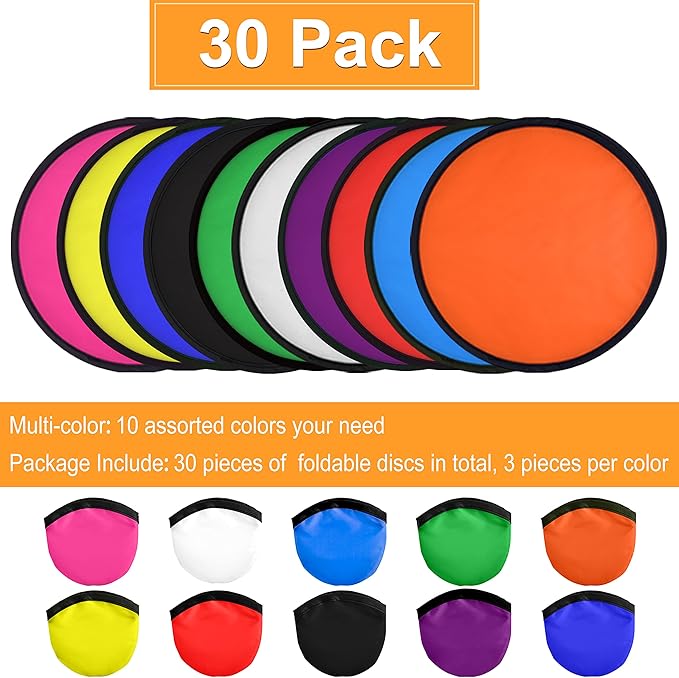 Mototo 30 Pieces Foldable Flying Disc Fans with Bag Folding Pocket Toy Set for Kids Fun Birthday Party Favors Summer Outdoor Activity Game Halloween Christmas, 10 Colors (Colorful 3)