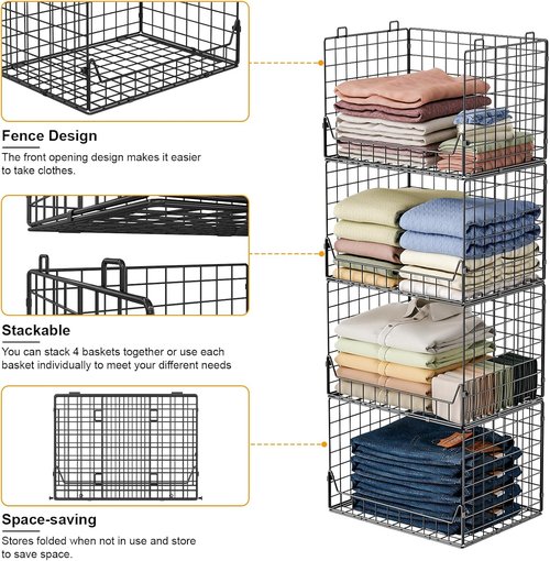 Jakyitvi 4-Tier Stackable Closet Organizer - Foldable Storage Bins for Clothes & Accessories - Sturdy Iron Mesh Shelves - Black