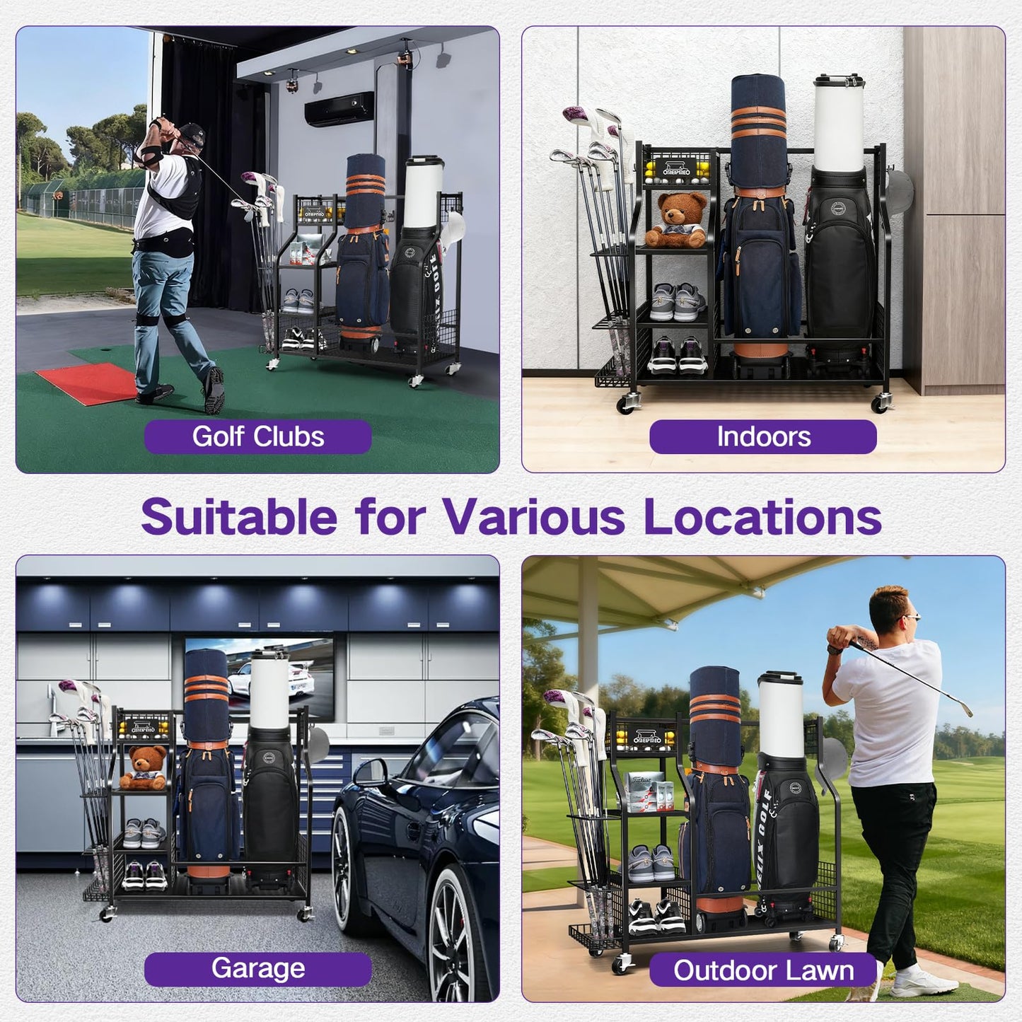Golf Bag Storage Garage Organizer, Golf Bag Storage Stand and Other Golfing Equipment Accessories Rack, Golf Bag Storage Rack with Wheels, Golf Organizer for Home, Garage, Club, Shed, Basement