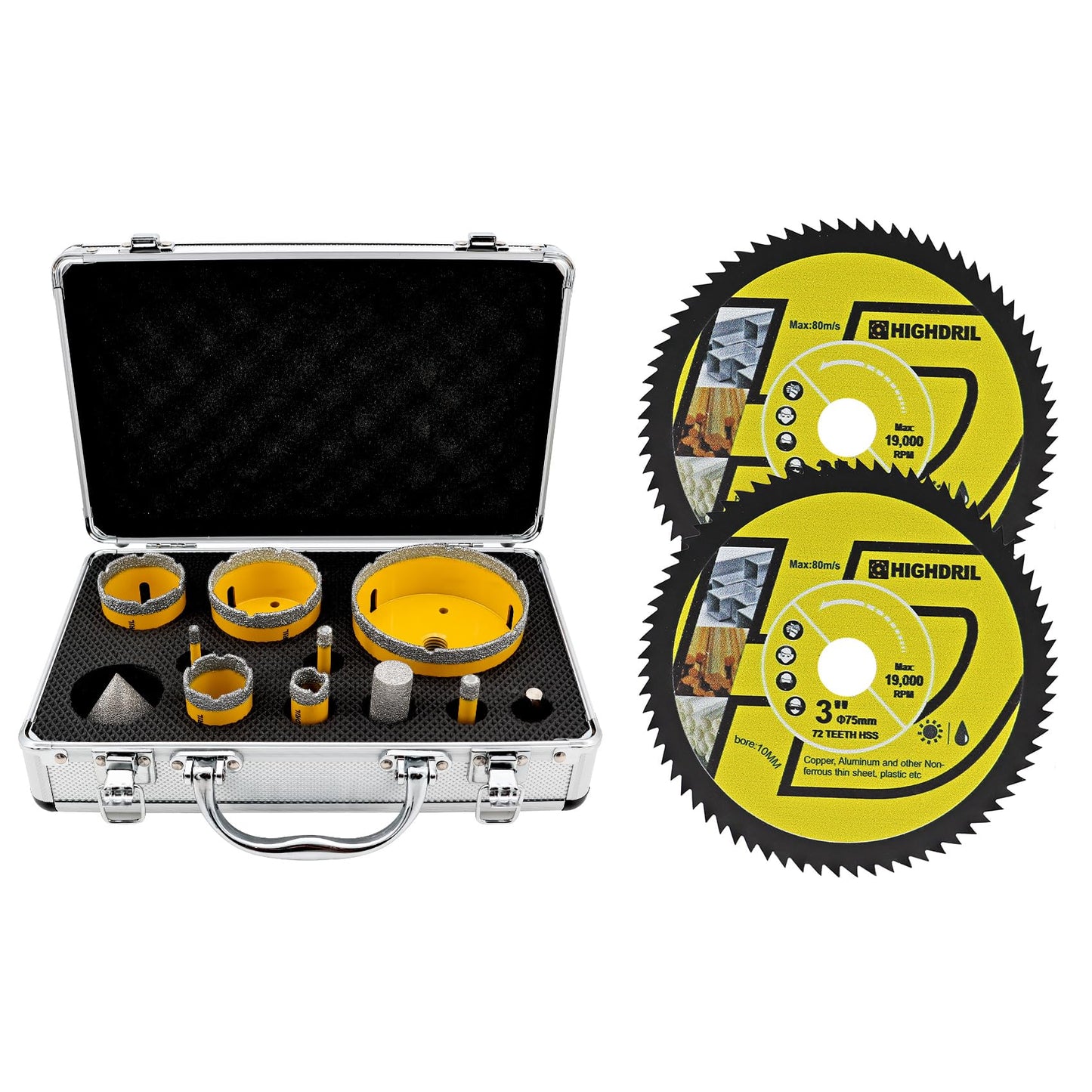 HIGHDRIL Diamond Drill Bits Kit with 5/8-11 and HIGHDRIL HSS Circular Saw Blade - 2PCS 3inch/75mm 72T 10mm Bore Cutting Discs