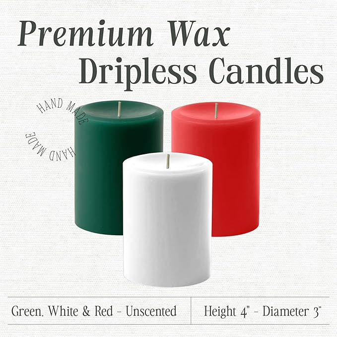 Mister Candle Dripless Unscented Pillar Candles, Set of 3 Hand Poured Solid Color Non-Scented Candles for Home Decor, Premium Wax, 60 Hr Burn Time - 3x4 Inch, Red - Green -White