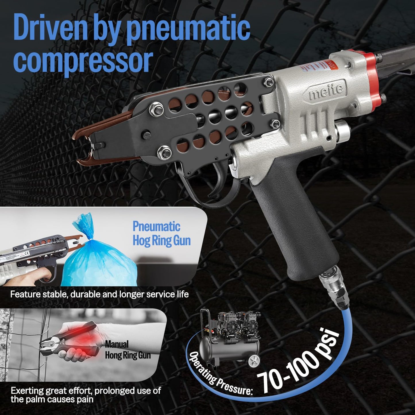 meite SC7E Pneumatic Hog Ring Gun, 15 Gauge 3/4" Crown Extended Nose Hog Ring Pliers, 8.8 mm Closure, Air C Ring Stapler for Mattress Assembly, Deep Wire Cages