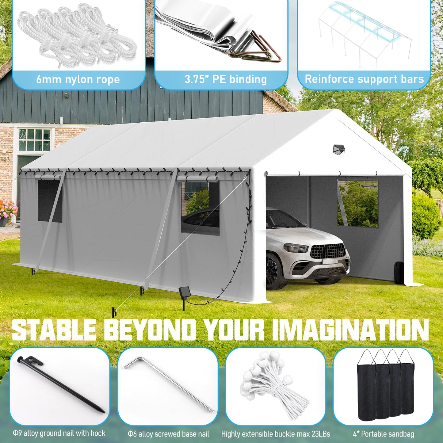Benass 13x25 FT Heavy Duty Carport Canopy, Drive-Through Portable Garage with Roll-up Doors, Screened Windows, Removable Sidewalls, All-Weather Waterproof Shelter for SUV, Boat & Outdoor Storage