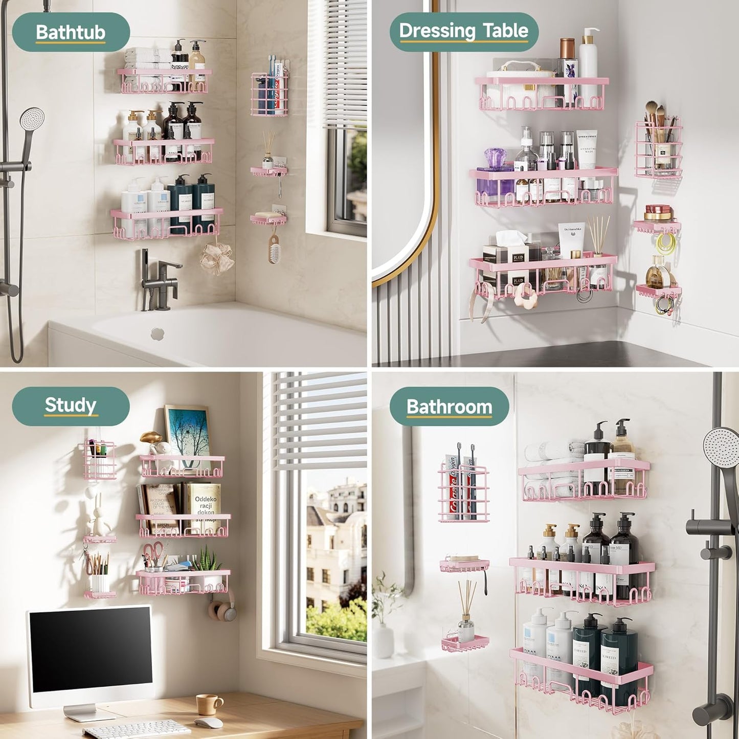 Veken Large Capacity Shower Caddy - Rustproof Adhesive Shelves with Soap Holder | 6-Pack Pink Bathroom Organizer