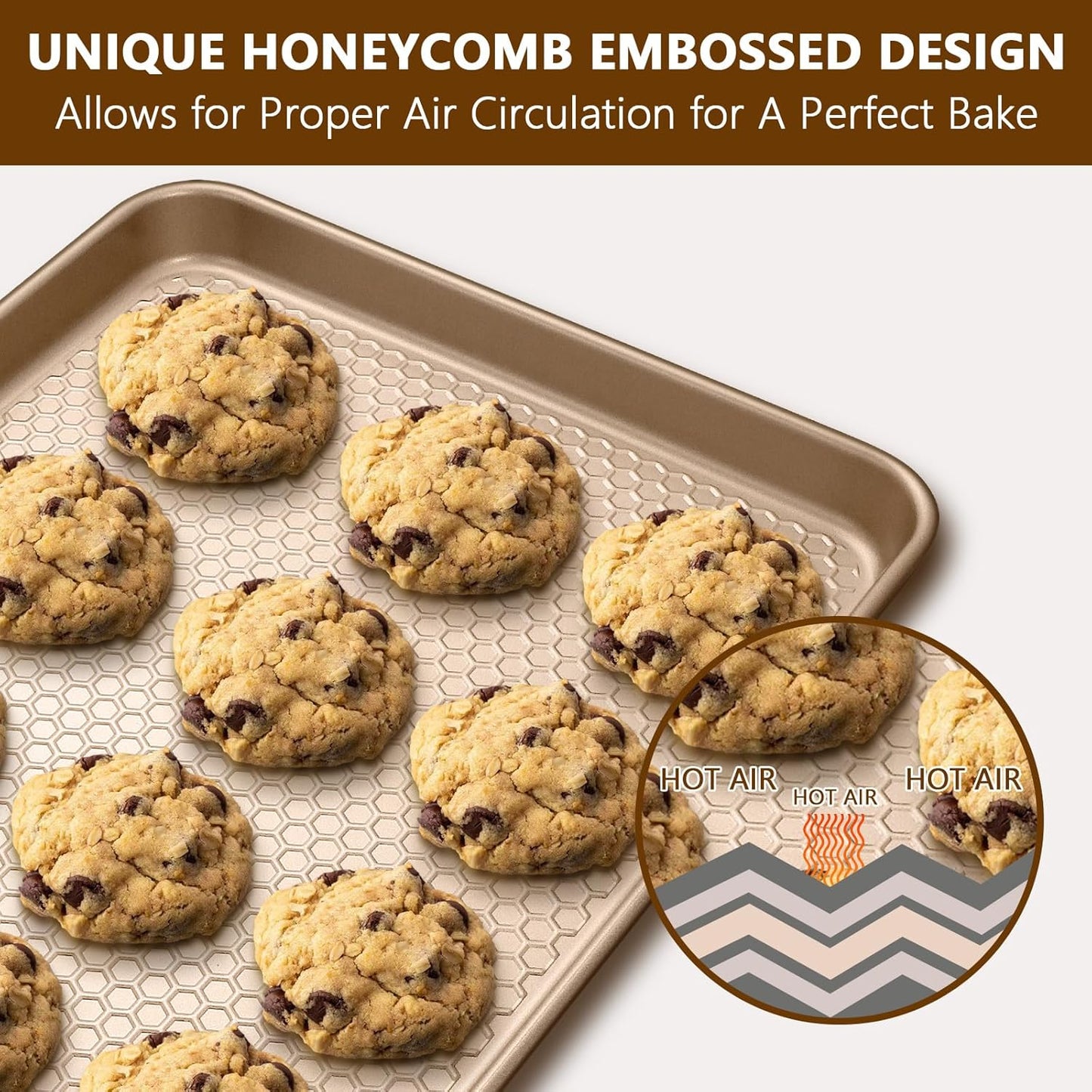 Wildone Baking Sheet Pan Set - Nonstick Honeycomb Embossed 15x10 Inch Cookie Sheets | Champagne Gold, 2 Pack